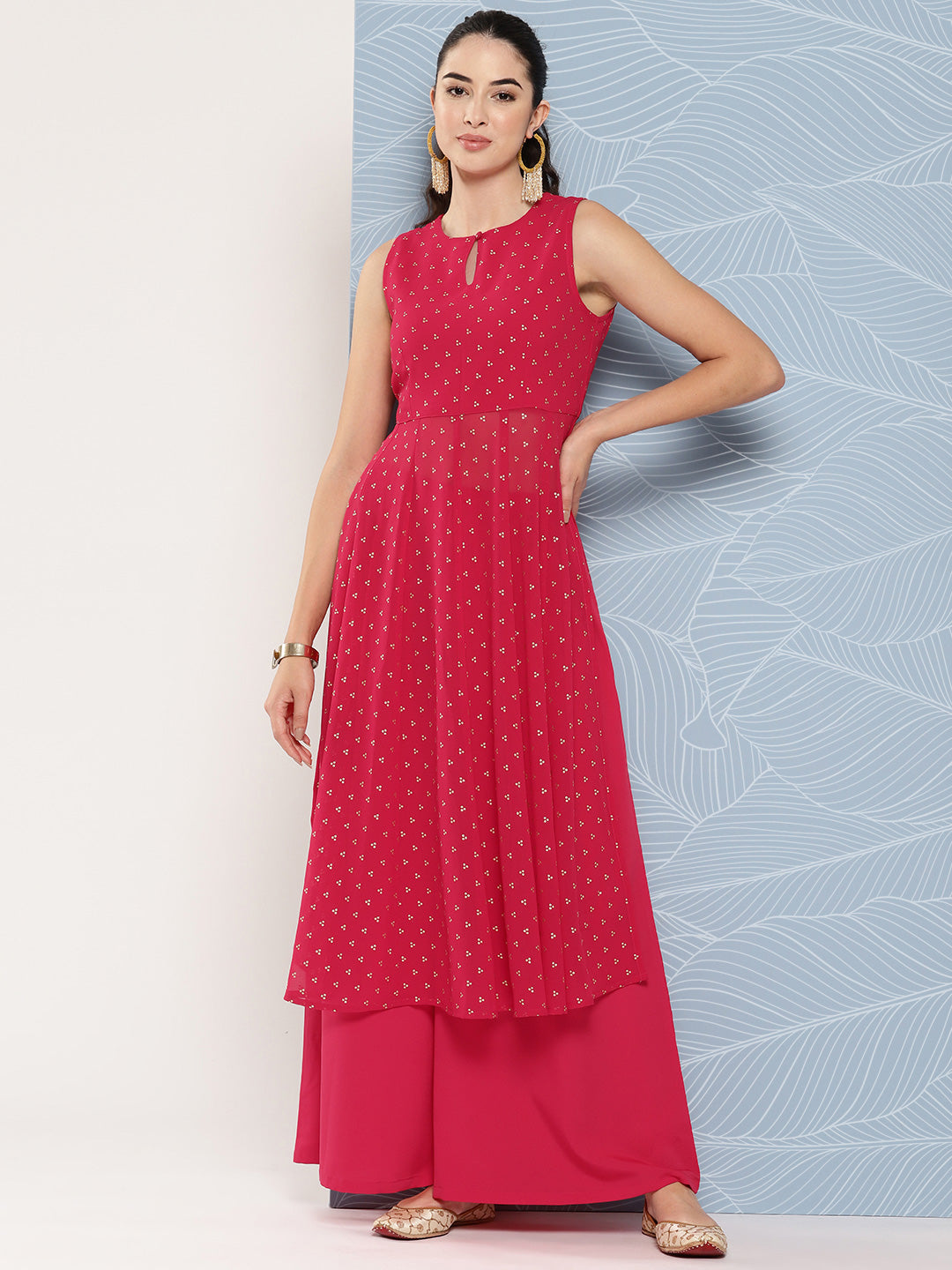 Janasya Women's Pink Georgette Foil Printed Panelled Festive Kurta Set | Swadesiicart