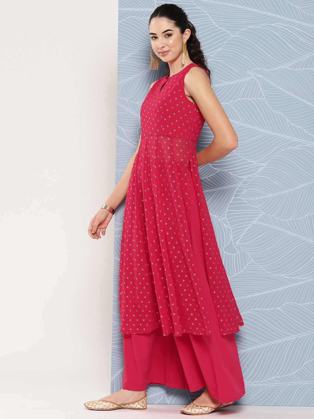 Janasya Women's Pink Georgette Foil Printed Panelled Festive Kurta Set | Swadesiicart