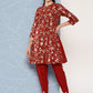 Janasya Women's Brick Red Crepe Foil Printed A-line Festive Tunic Set | Swadesiicart
