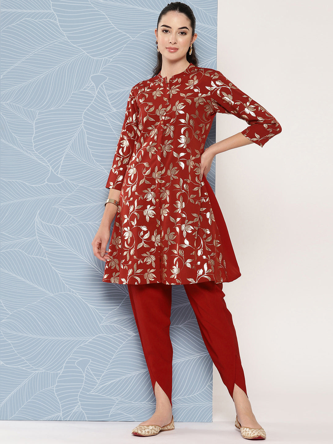 Janasya Women's Brick Red Crepe Foil Printed A-line Festive Tunic Set | Swadesiicart