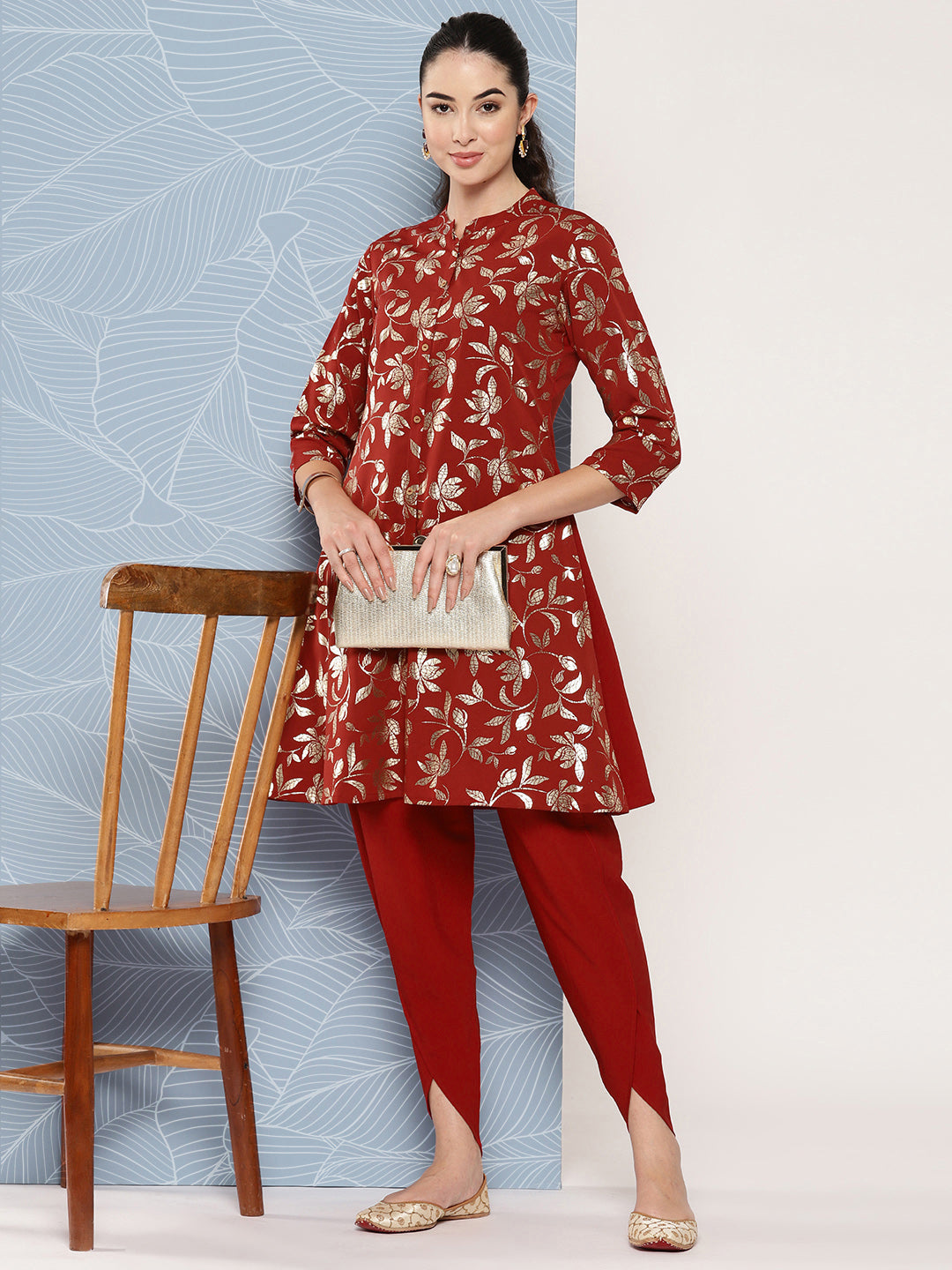 Janasya Women's Brick Red Crepe Foil Printed A-line Festive Tunic Set | Swadesiicart