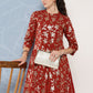 Janasya Women's Brick Red Crepe Foil Printed A-line Festive Tunic Set | Swadesiicart