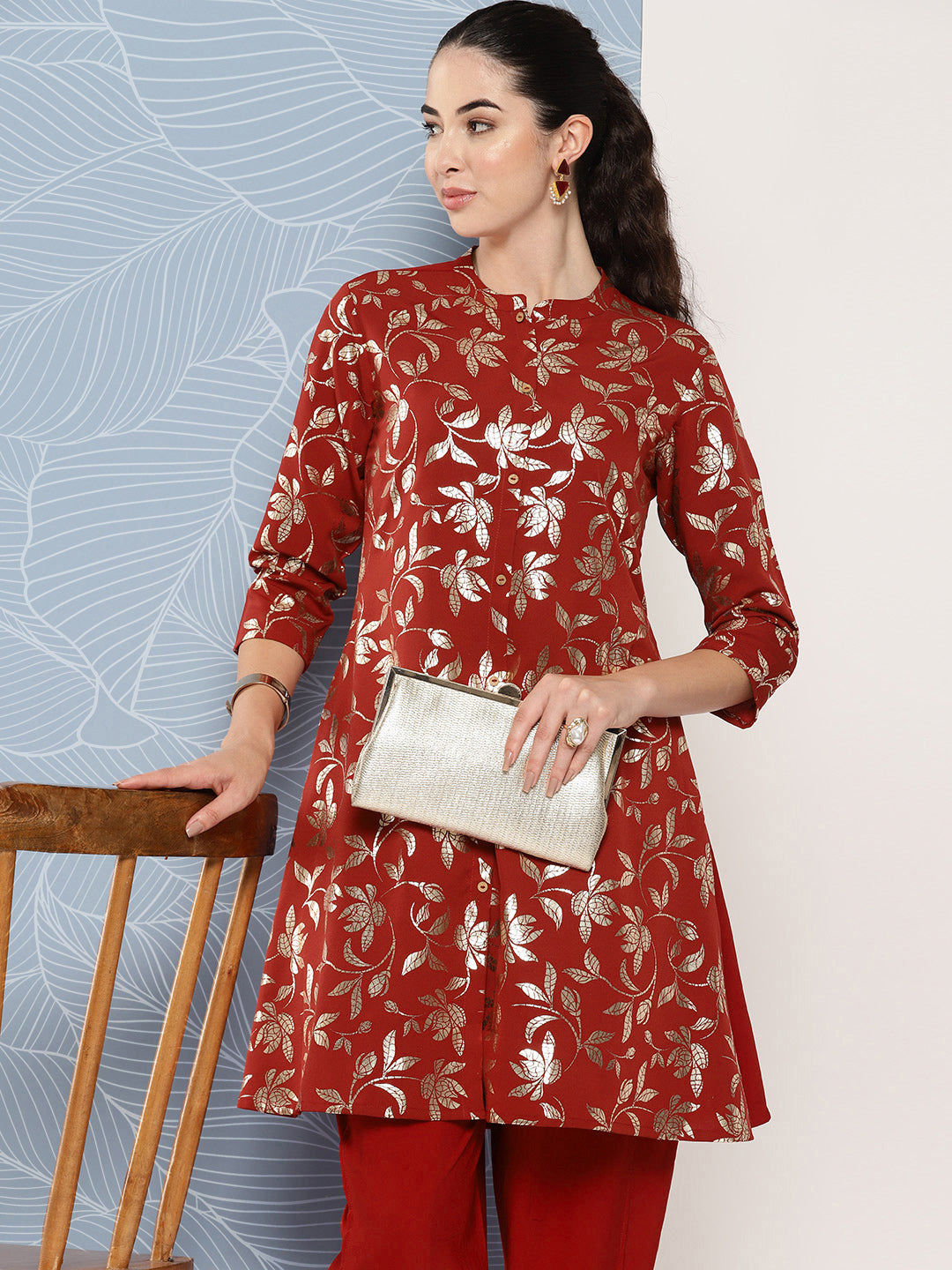 Janasya Women's Brick Red Crepe Foil Printed A-line Festive Tunic Set | Swadesiicart