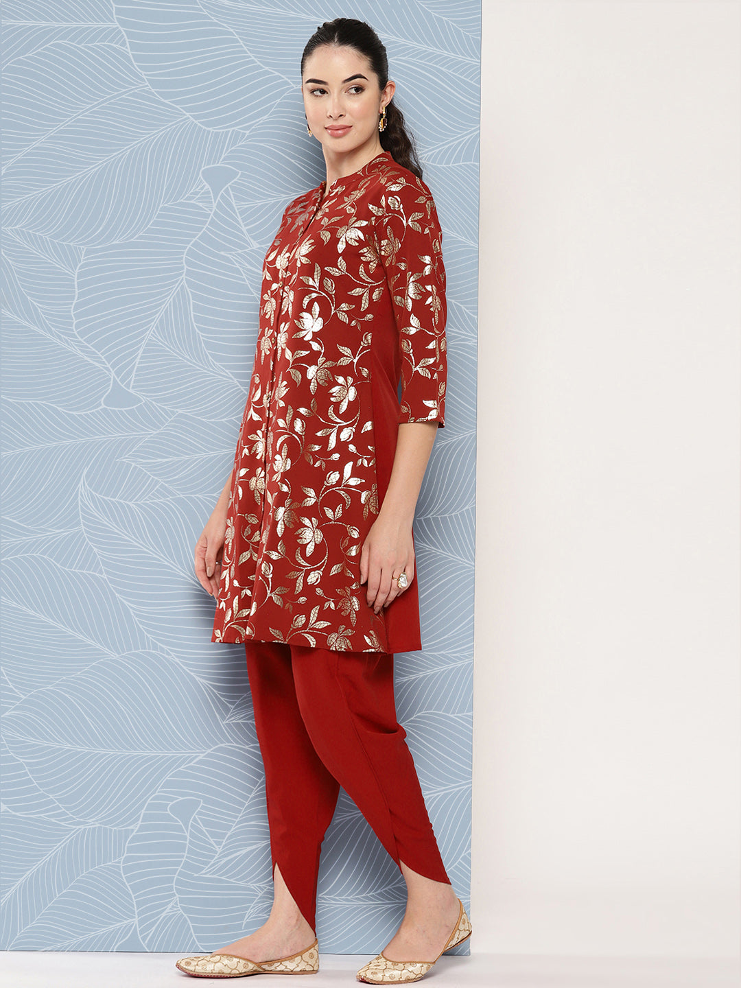 Janasya Women's Brick Red Crepe Foil Printed A-line Festive Tunic Set | Swadesiicart