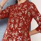 Janasya Women's Brick Red Crepe Foil Printed A-line Festive Tunic Set | Swadesiicart