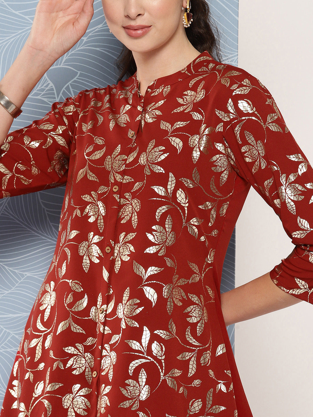 Janasya Women's Brick Red Crepe Foil Printed A-line Festive Tunic Set | Swadesiicart