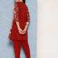 Janasya Women's Brick Red Crepe Foil Printed A-line Festive Tunic Set | Swadesiicart