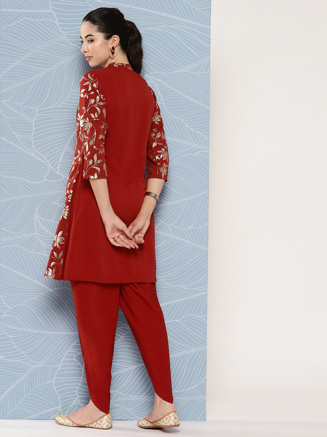 Janasya Women's Brick Red Crepe Foil Printed A-line Festive Tunic Set | Swadesiicart