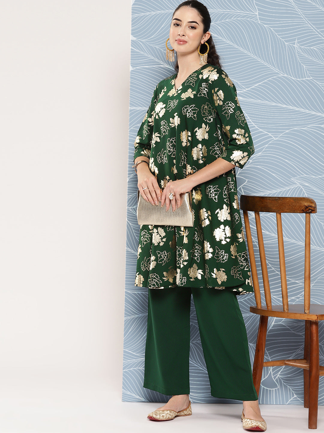 Janasya Women's Bottle Green Crepe Foil Printed A-line Festive Short Kurta Set | Swadesiicart