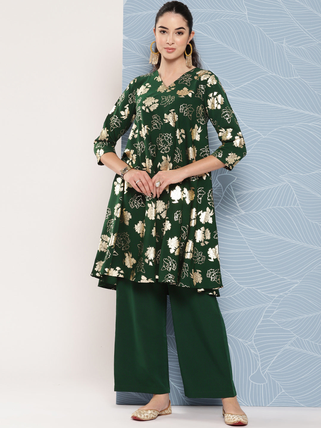 Janasya Women's Bottle Green Crepe Foil Printed A-line Festive Short Kurta Set | Swadesiicart