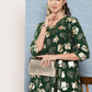 Janasya Women's Bottle Green Crepe Foil Printed A-line Festive Short Kurta Set | Swadesiicart