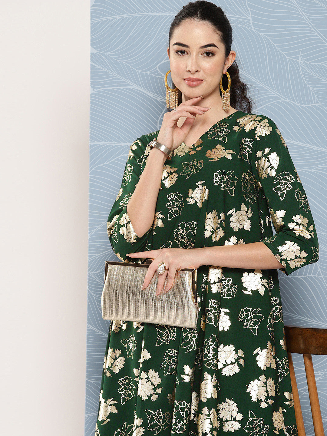 Janasya Women's Bottle Green Crepe Foil Printed A-line Festive Short Kurta Set | Swadesiicart