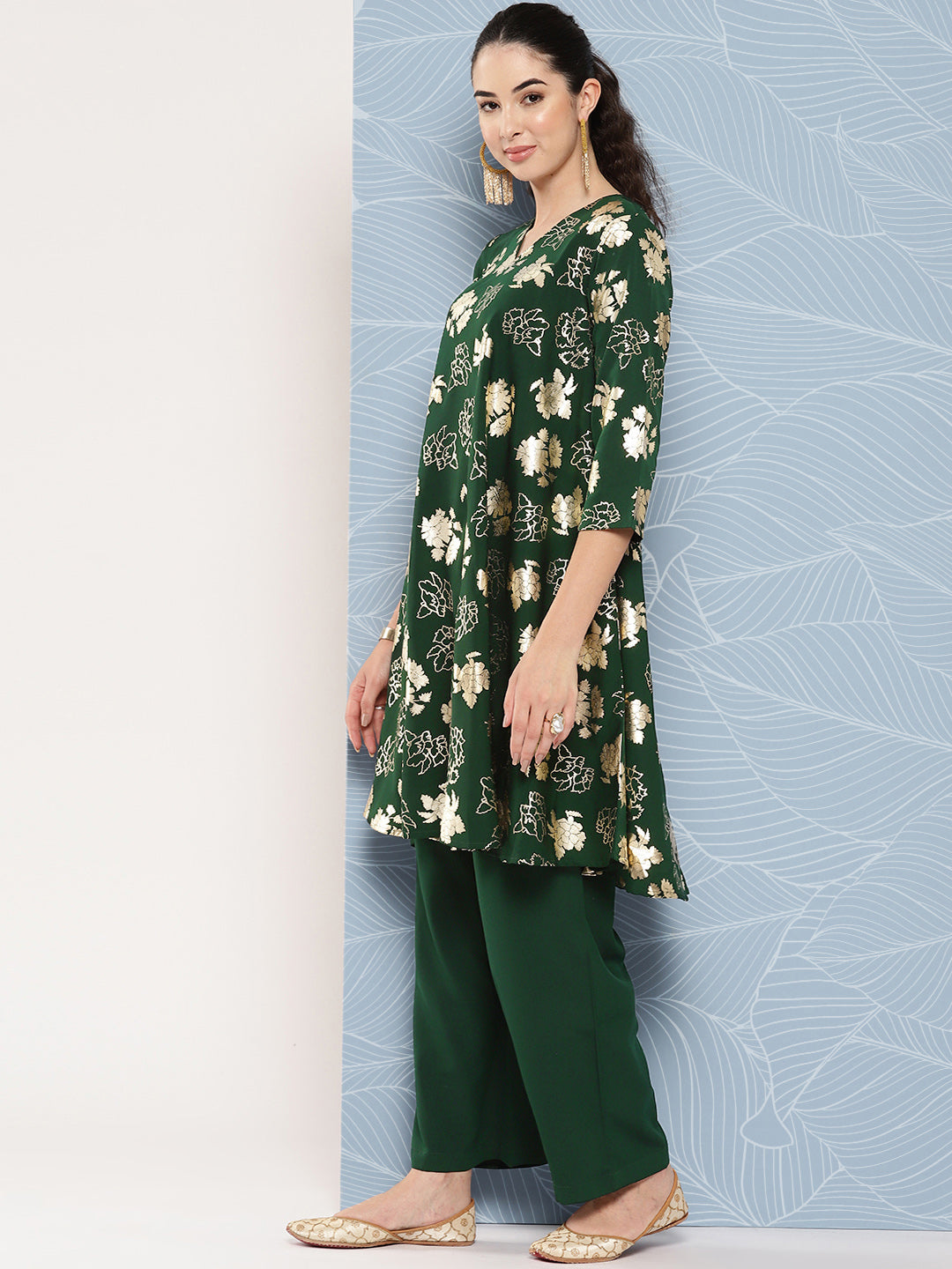 Janasya Women's Bottle Green Crepe Foil Printed A-line Festive Short Kurta Set | Swadesiicart