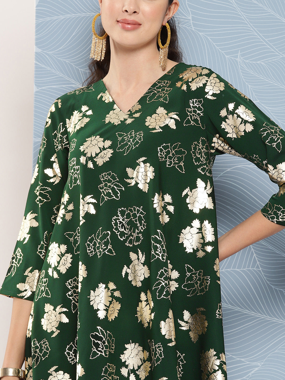 Janasya Women's Bottle Green Crepe Foil Printed A-line Festive Short Kurta Set | Swadesiicart