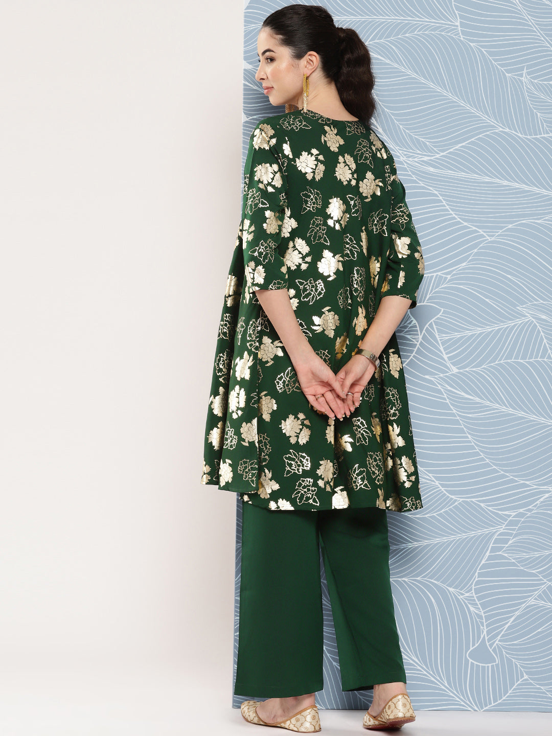 Janasya Women's Bottle Green Crepe Foil Printed A-line Festive Short Kurta Set | Swadesiicart