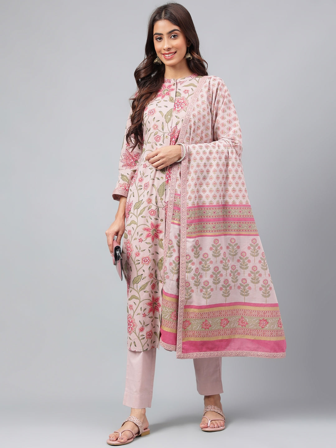 Janasya Women's Mauve Cotton Floral Printed Straight Festive Kurta Set | Swadesiicart