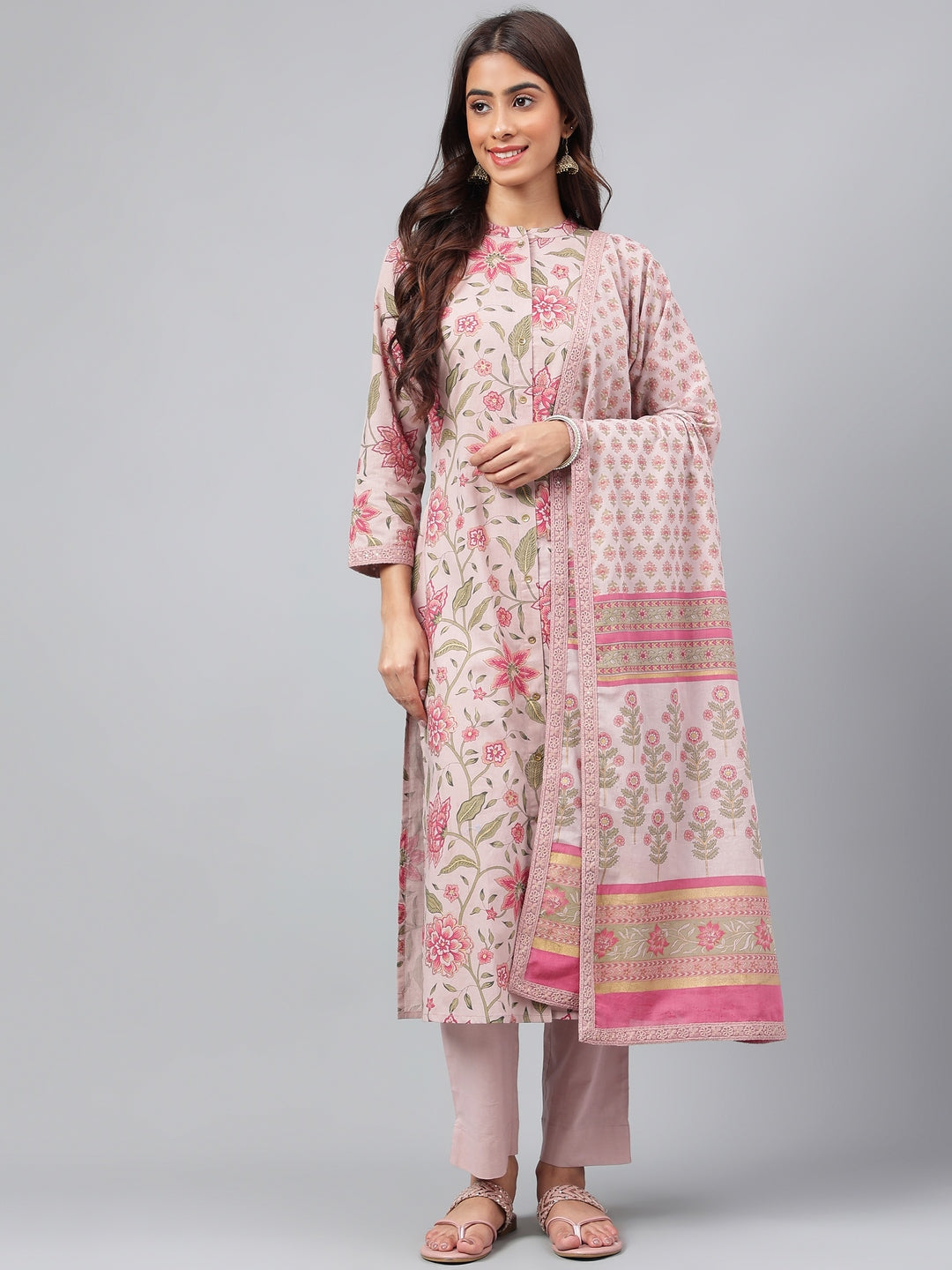 Janasya Women's Mauve Cotton Floral Printed Straight Festive Kurta Set | Swadesiicart
