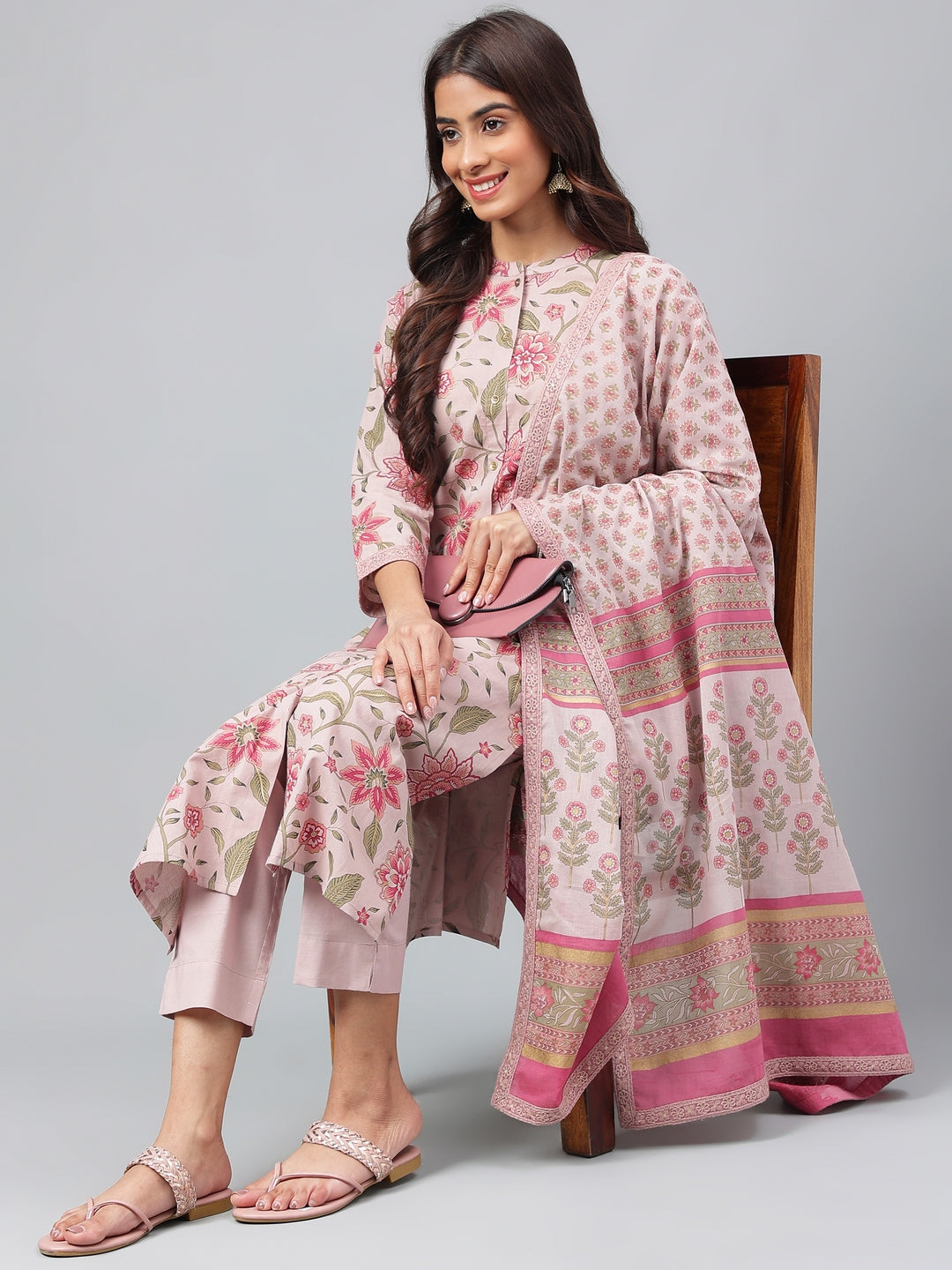 Janasya Women's Mauve Cotton Floral Printed Straight Festive Kurta Set | Swadesiicart