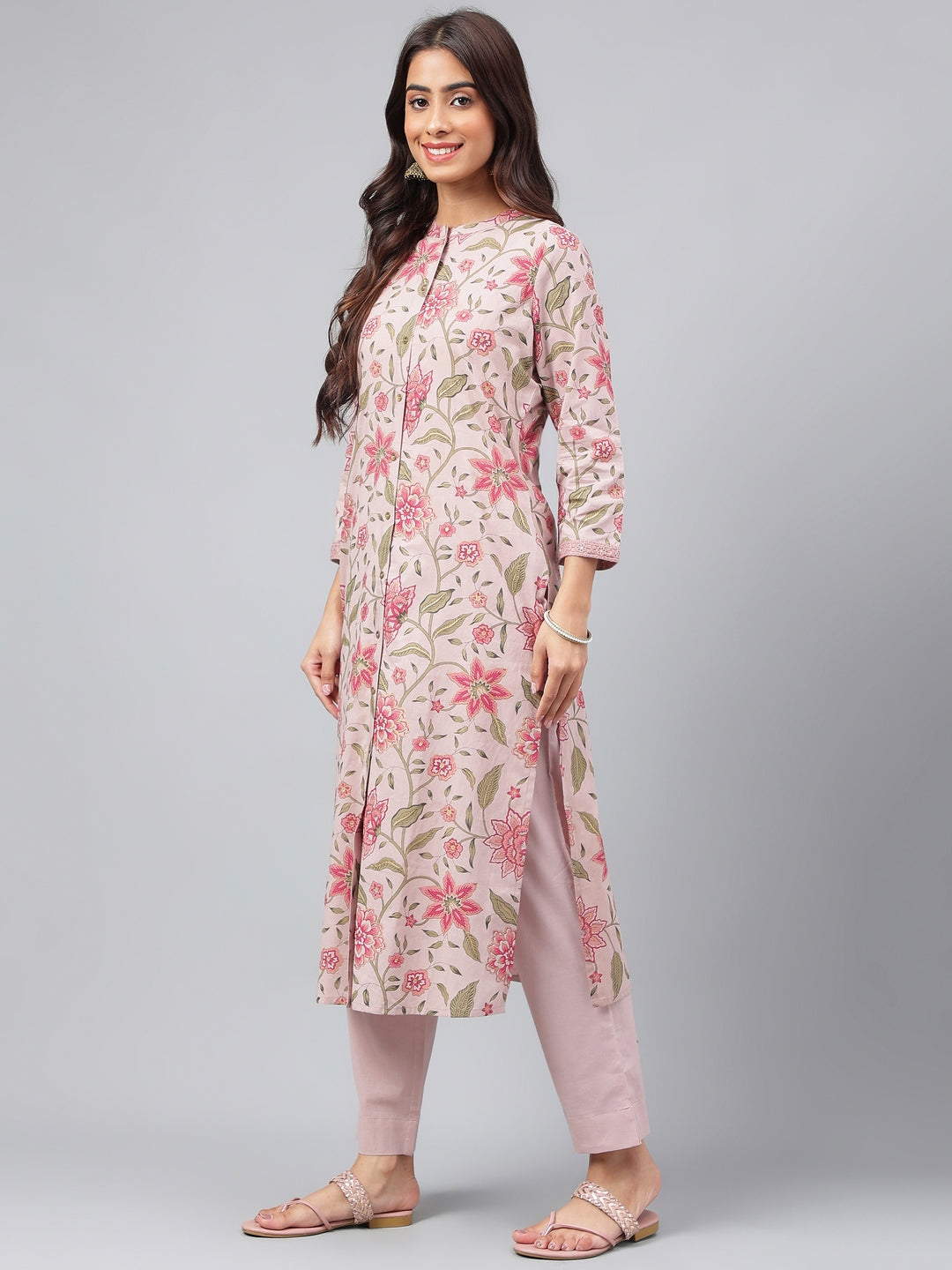 Janasya Women's Mauve Cotton Floral Printed Straight Festive Kurta Set | Swadesiicart