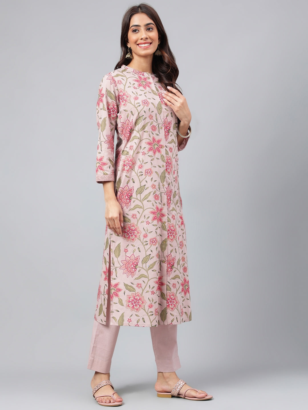 Janasya Women's Mauve Cotton Floral Printed Straight Festive Kurta Set | Swadesiicart