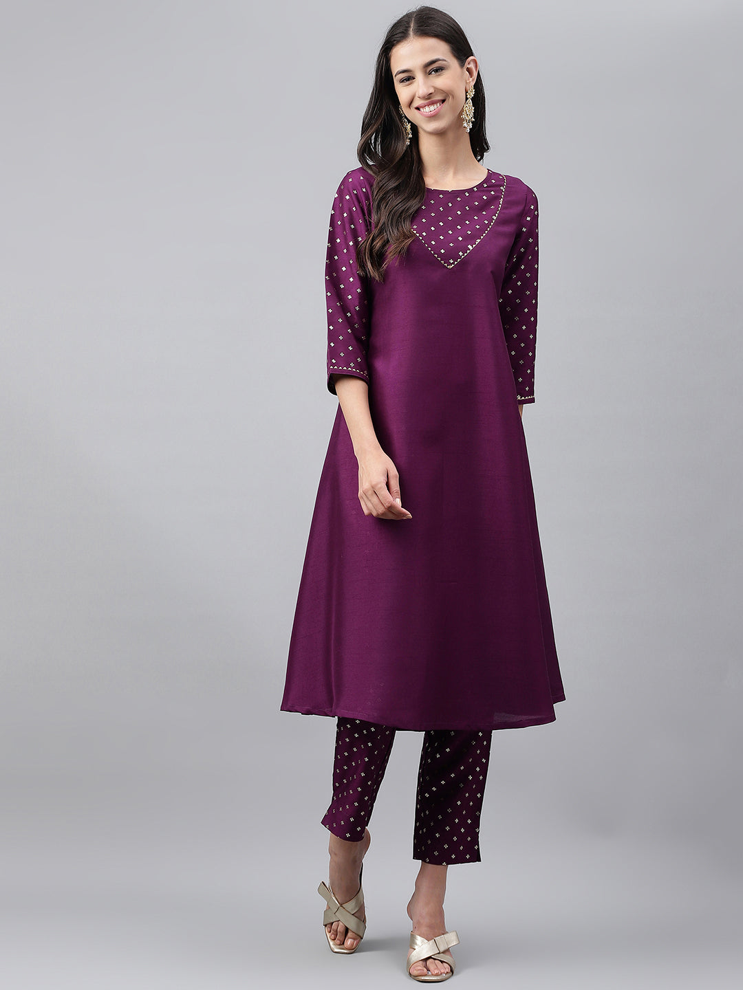 Janasya Women's Purple Crepe Silk Solid A-line Festive Kurta Set | Swadesiicart