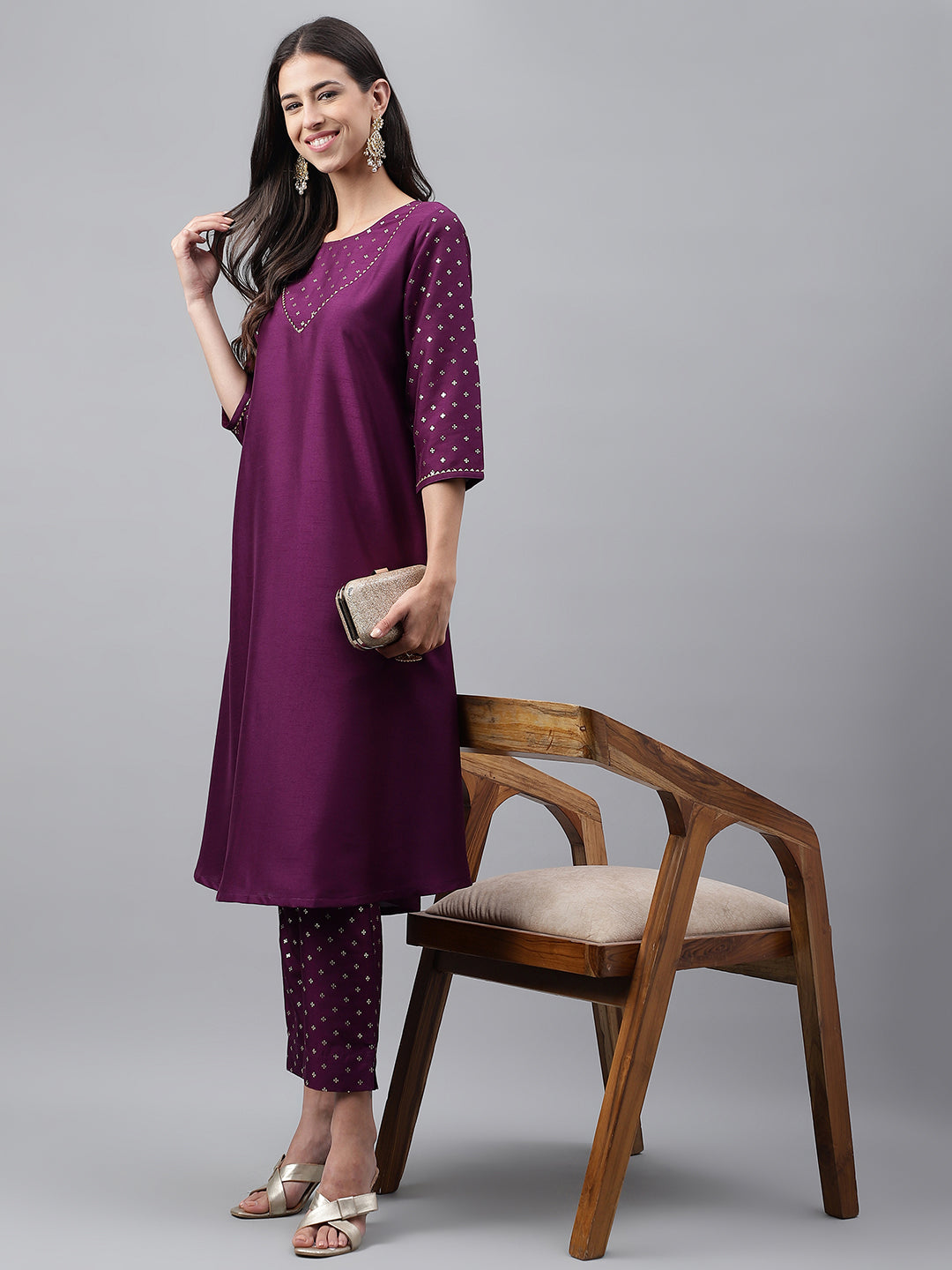 Janasya Women's Purple Crepe Silk Solid A-line Festive Kurta Set | Swadesiicart