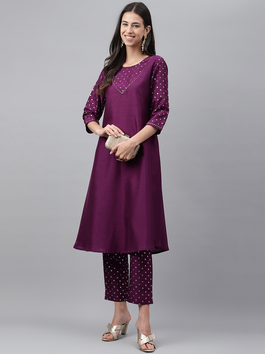 Janasya Women's Purple Crepe Silk Solid A-line Festive Kurta Set | Swadesiicart