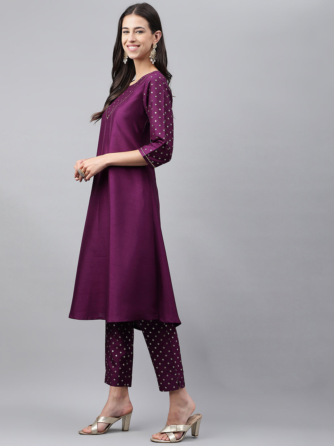 Janasya Women's Purple Crepe Silk Solid A-line Festive Kurta Set | Swadesiicart