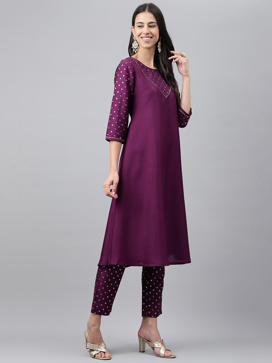Janasya Women's Purple Crepe Silk Solid A-line Festive Kurta Set | Swadesiicart