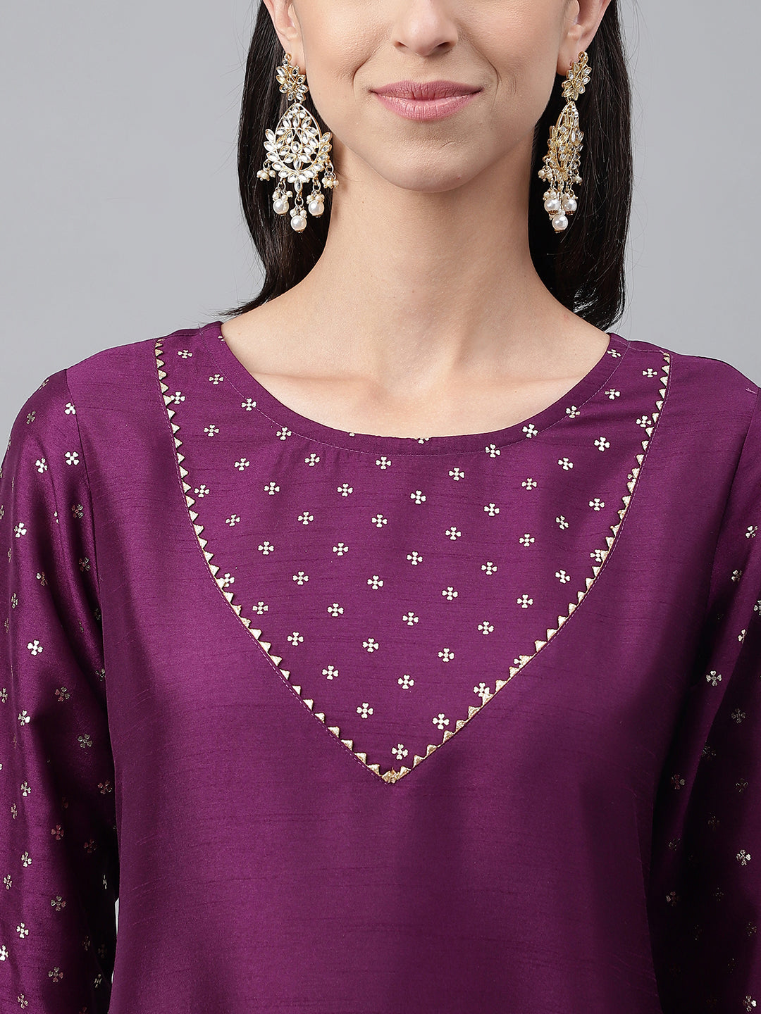 Janasya Women's Purple Crepe Silk Solid A-line Festive Kurta Set | Swadesiicart