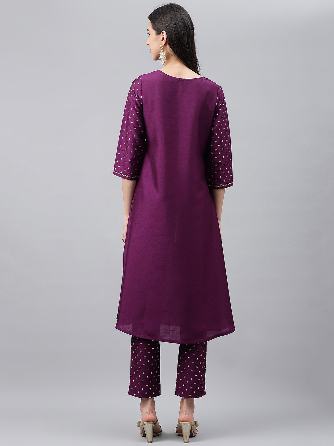 Janasya Women's Purple Crepe Silk Solid A-line Festive Kurta Set | Swadesiicart