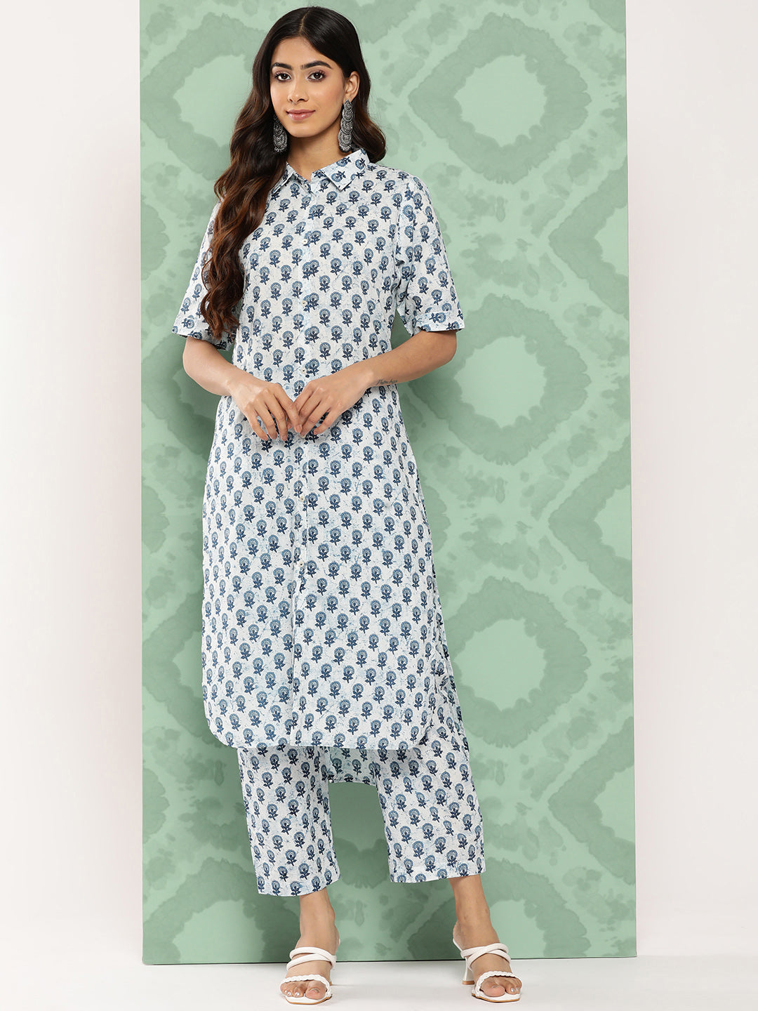 Janasya Women's White Cotton Floral Printed High Low Casual Kurta Set | Swadesiicart