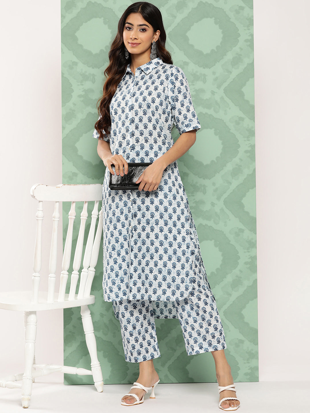 Janasya Women's White Cotton Floral Printed High Low Casual Kurta Set | Swadesiicart