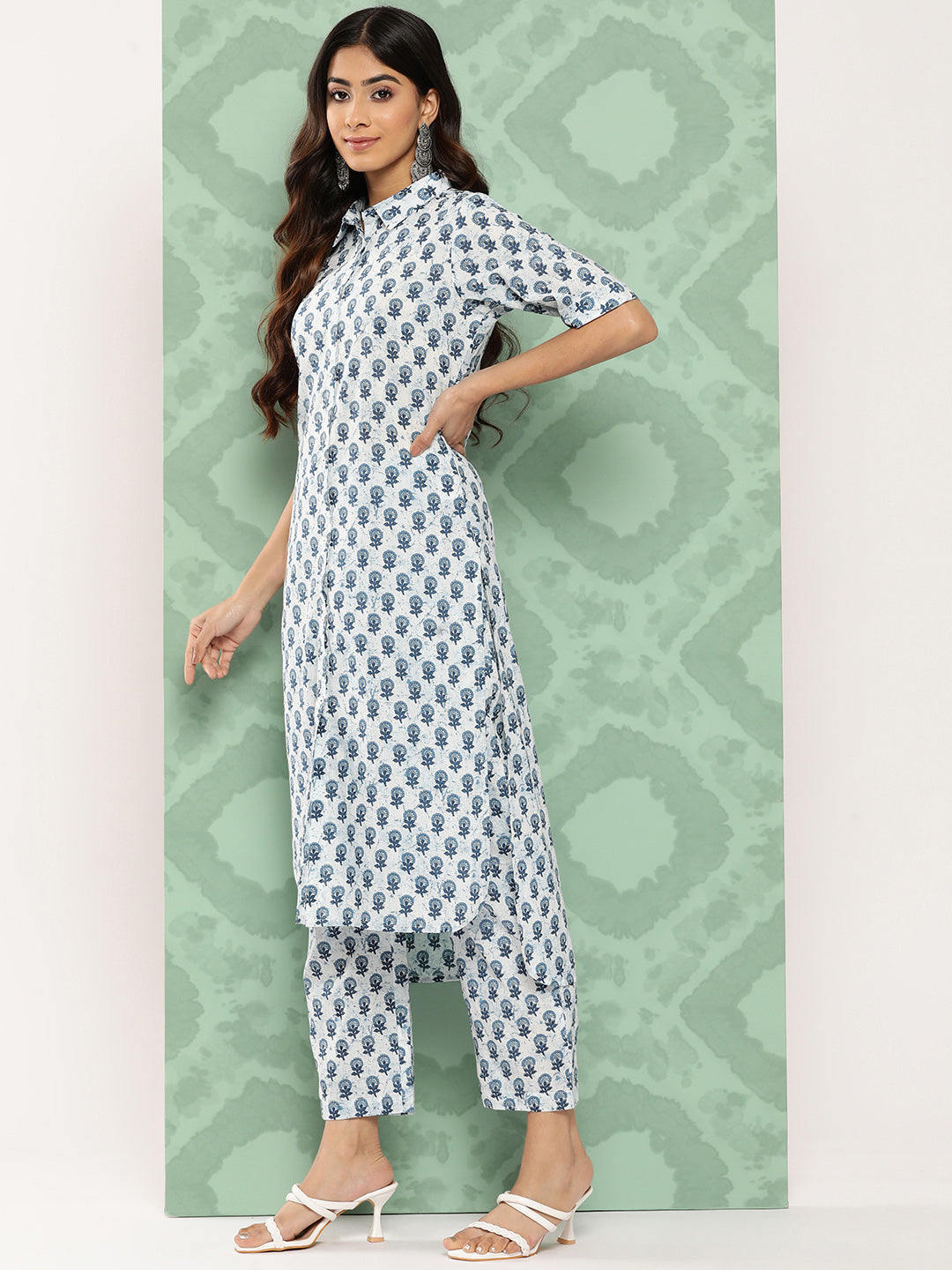 Janasya Women's White Cotton Floral Printed High Low Casual Kurta Set | Swadesiicart