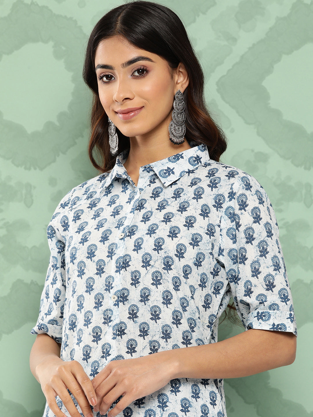 Janasya Women's White Cotton Floral Printed High Low Casual Kurta Set | Swadesiicart