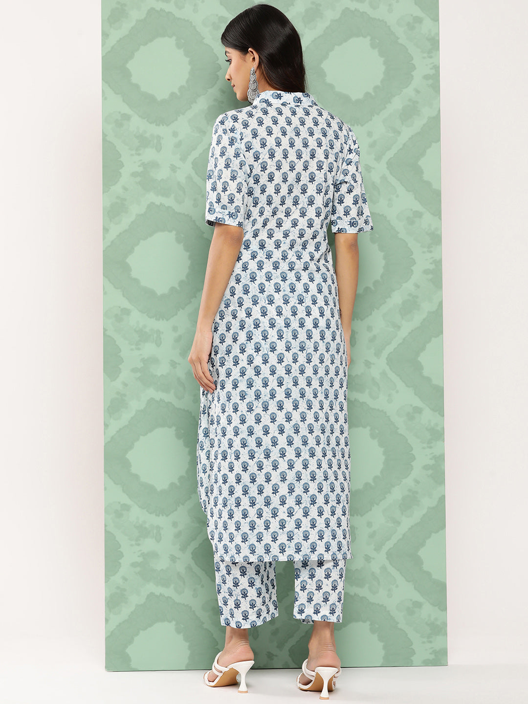 Janasya Women's White Cotton Floral Printed High Low Casual Kurta Set | Swadesiicart