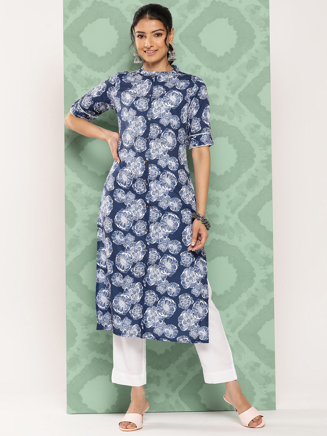 Janasya Women's Blue Crepe Digital Printed Straight Festive Kurta Set | Swadesiicart