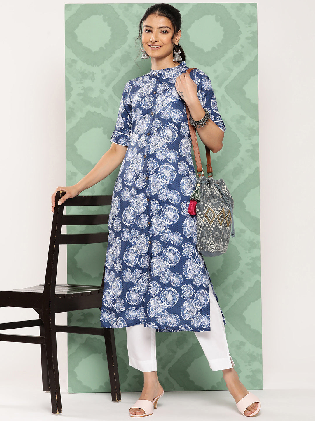 Janasya Women's Blue Crepe Digital Printed Straight Festive Kurta Set | Swadesiicart