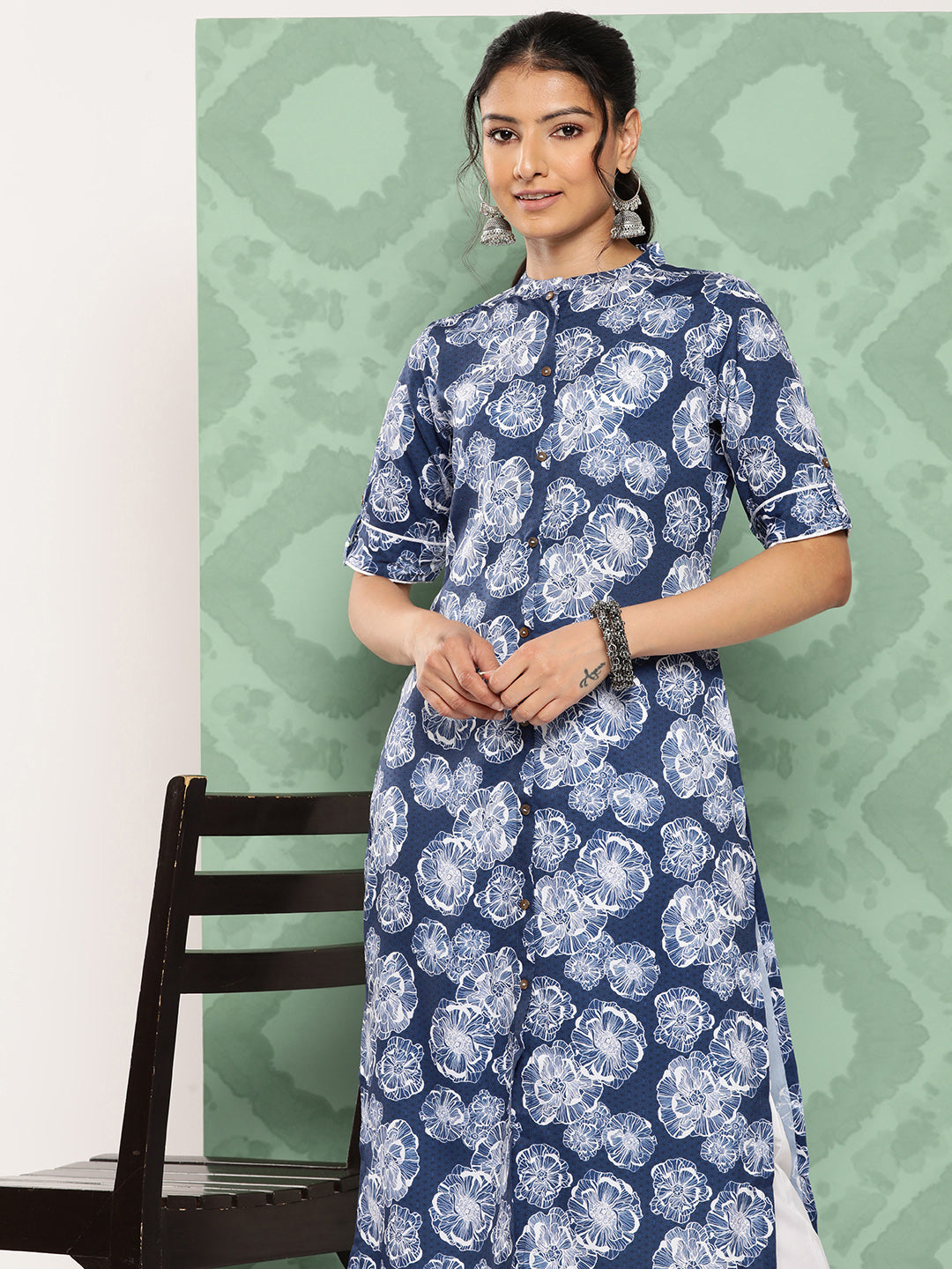 Janasya Women's Blue Crepe Digital Printed Straight Festive Kurta Set | Swadesiicart