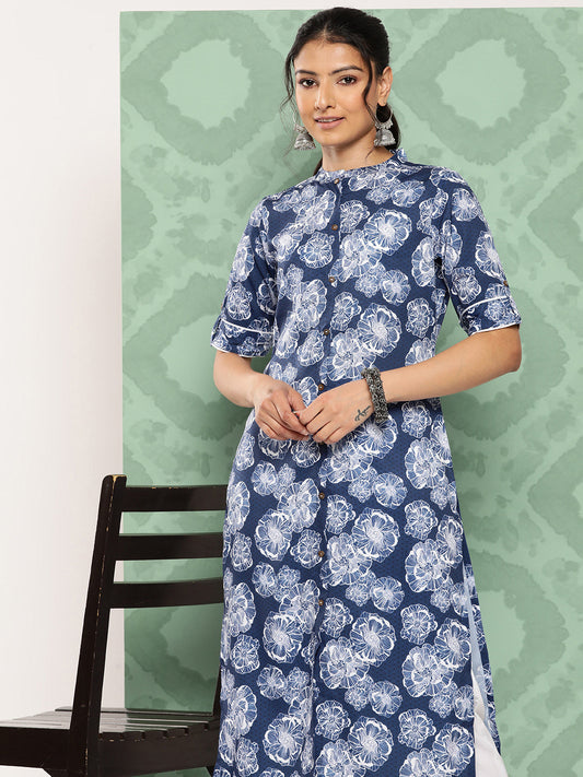Janasya Women's Blue Crepe Digital Printed Straight Festive Kurta Set | Swadesiicart