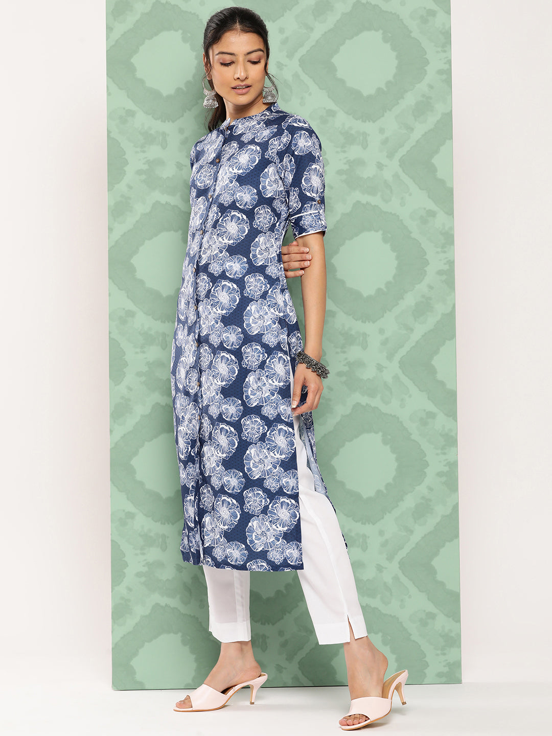 Janasya Women's Blue Crepe Digital Printed Straight Festive Kurta Set | Swadesiicart