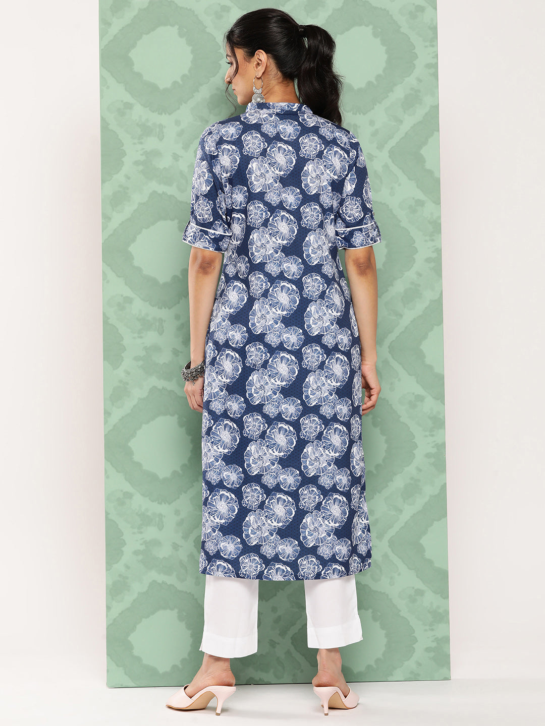 Janasya Women's Blue Crepe Digital Printed Straight Festive Kurta Set | Swadesiicart