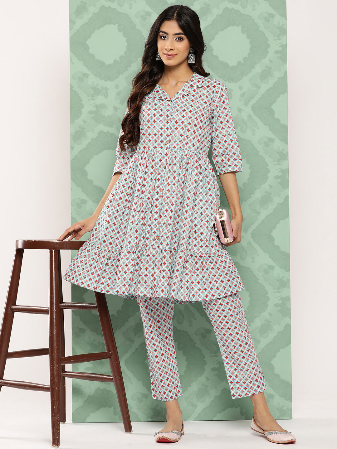 Janasya Women's Sky Blue Cotton Ethnic Motifs Gathered Casual Kurta Set | Swadesiicart