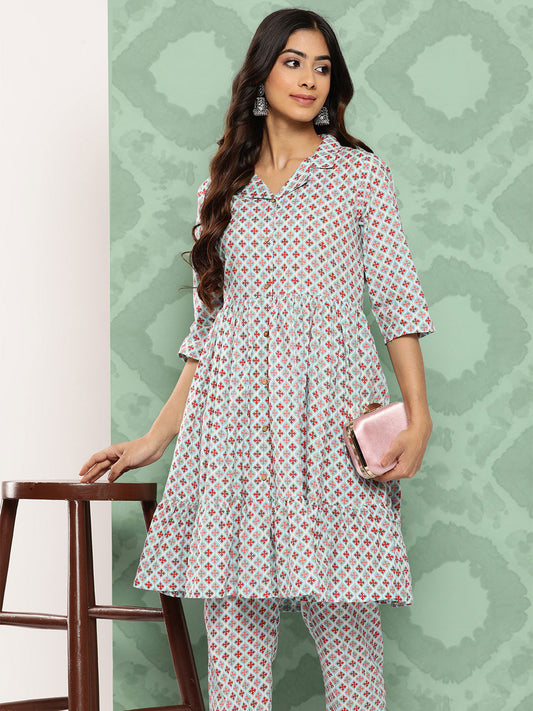 Janasya Women's Sky Blue Cotton Ethnic Motifs Gathered Casual Kurta Set | Swadesiicart