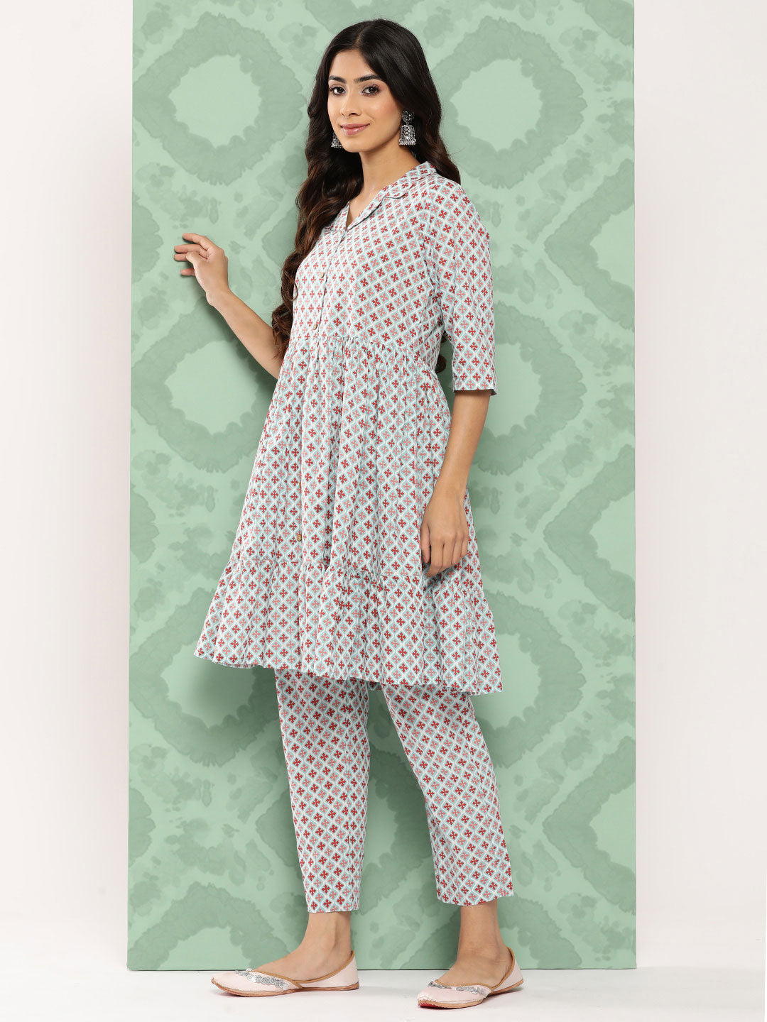 Janasya Women's Sky Blue Cotton Ethnic Motifs Gathered Casual Kurta Set | Swadesiicart