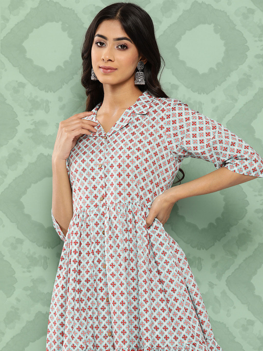 Janasya Women's Sky Blue Cotton Ethnic Motifs Gathered Casual Kurta Set | Swadesiicart
