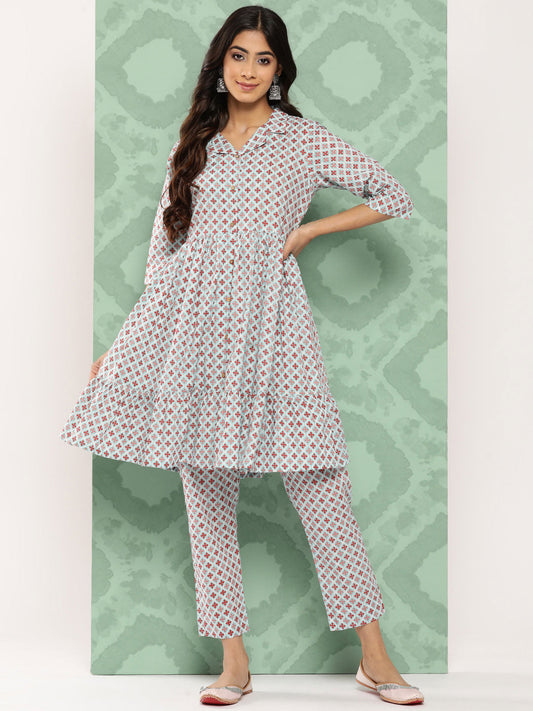 Janasya Women's Sky Blue Cotton Ethnic Motifs Gathered Casual Kurta Set | Swadesiicart