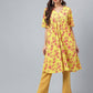 Janasya Women's Yellow Cotton Floral Printed Gathered Casual Kurta Set - Swadesiicart