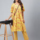 Janasya Women's Yellow Cotton Floral Printed Gathered Casual Kurta Set - Swadesiicart