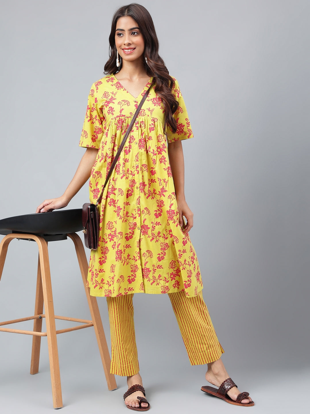 Janasya Women's Yellow Cotton Floral Printed Gathered Casual Kurta Set - Swadesiicart